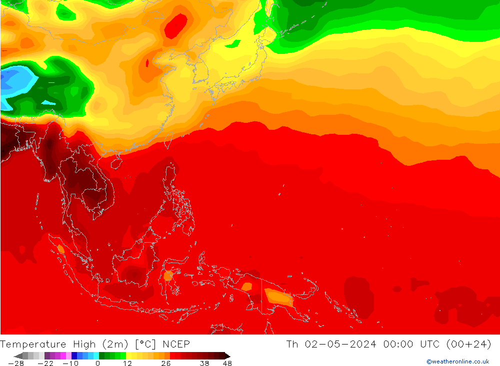 Temp. massima (2m) NCEP gio 02.05.2024 00 UTC