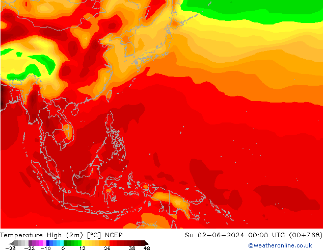 Max. Temperatura (2m) NCEP nie. 02.06.2024 00 UTC