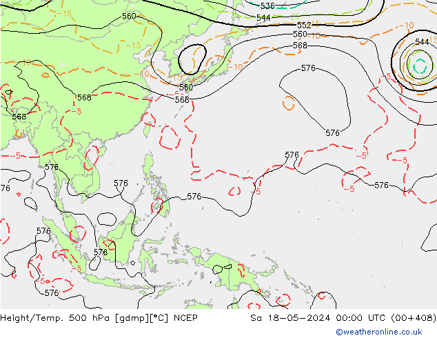 Height/Temp. 500 гПа NCEP сб 18.05.2024 00 UTC