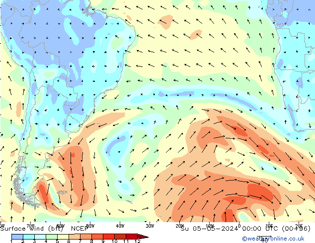 wiatr 10 m (bft) NCEP nie. 05.05.2024 00 UTC