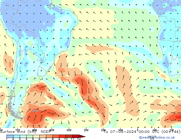 Surface wind (bft) NCEP Út 07.05.2024 00 UTC