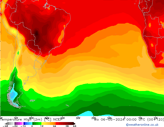 Max.temperatuur (2m) NCEP ma 06.05.2024 00 UTC