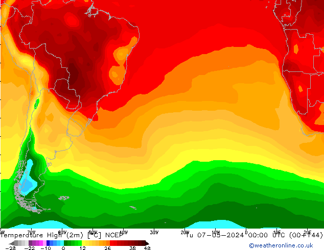 Max. Temperatura (2m) NCEP wto. 07.05.2024 00 UTC