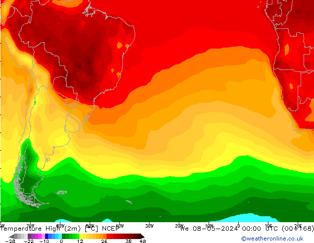 temperatura máx. (2m) NCEP Qua 08.05.2024 00 UTC