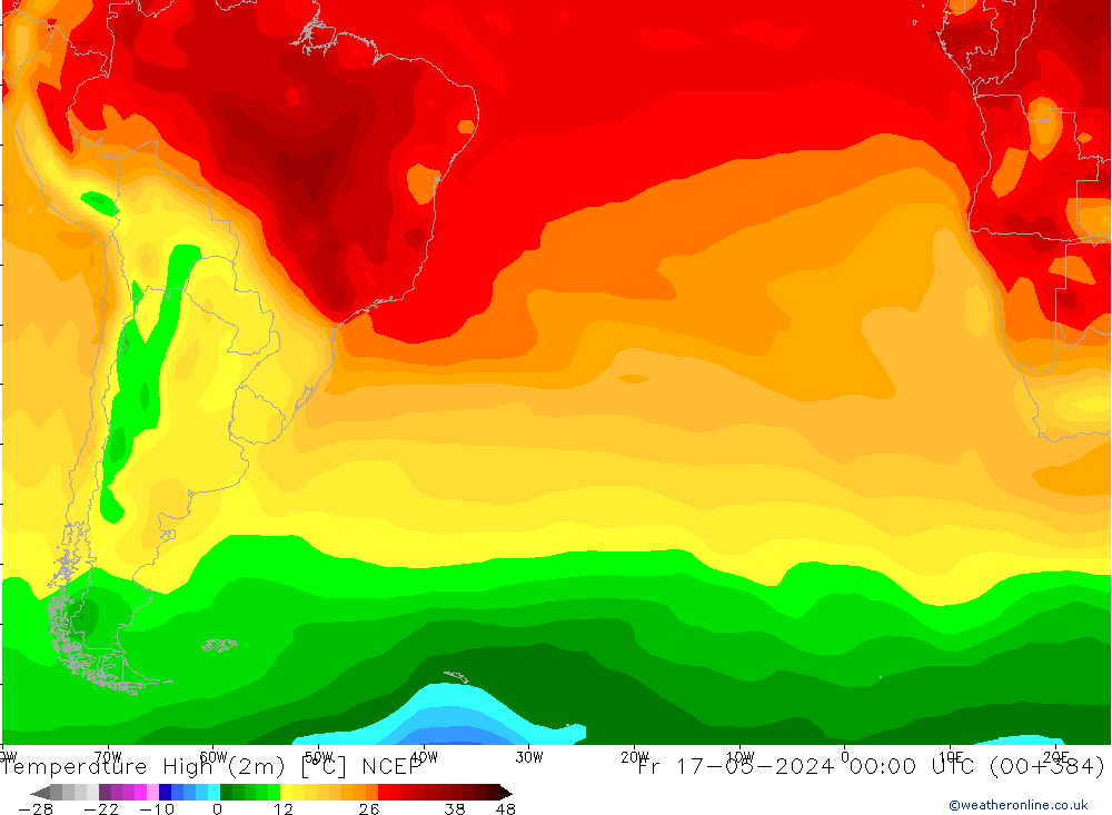 Nejvyšší teplota (2m) NCEP Pá 17.05.2024 00 UTC