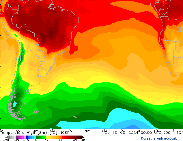 Nejvyšší teplota (2m) NCEP Ne 16.06.2024 00 UTC