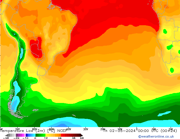 Temperature Low (2m) NCEP Th 02.05.2024 00 UTC