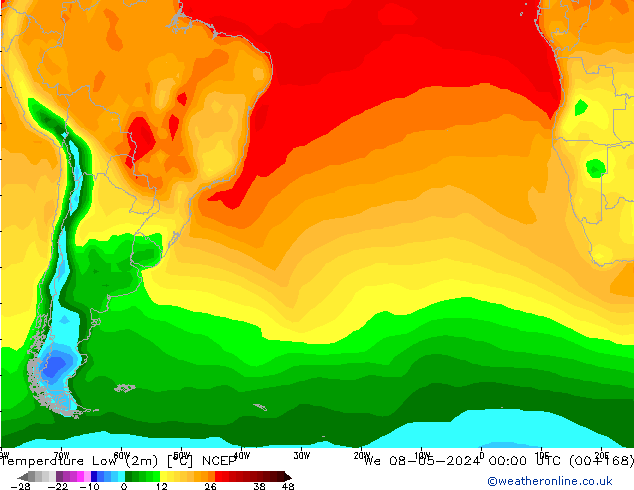 Min.temperatuur (2m) NCEP wo 08.05.2024 00 UTC