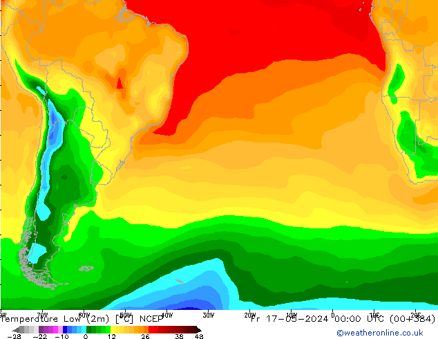 Nejnižší teplota (2m) NCEP Pá 17.05.2024 00 UTC