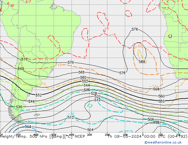 Height/Temp. 500 hPa NCEP Čt 09.05.2024 00 UTC