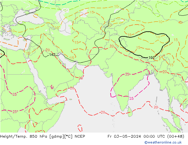 Hoogte/Temp. 850 hPa NCEP vr 03.05.2024 00 UTC