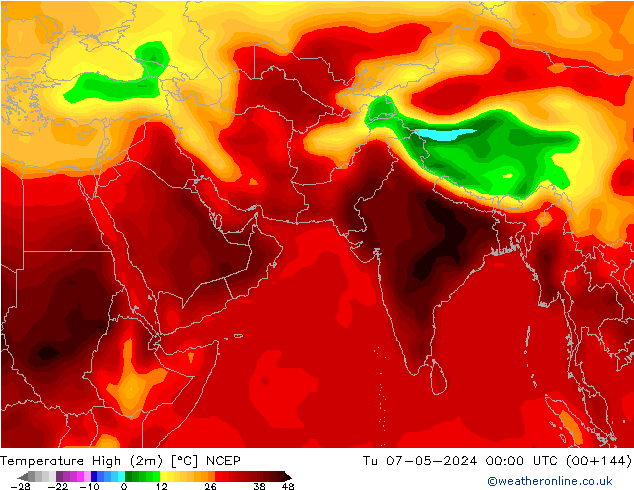 Max. Temperatura (2m) NCEP wto. 07.05.2024 00 UTC