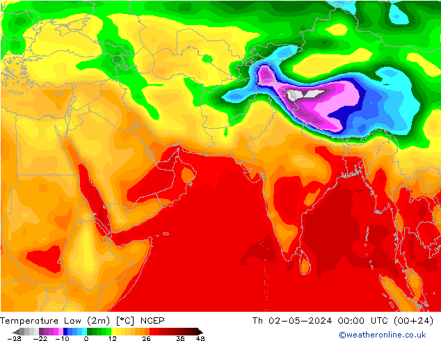 Temperature Low (2m) NCEP 星期四 02.05.2024 00 UTC