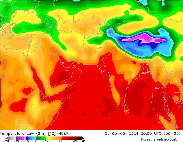 Min.temperatuur (2m) NCEP zo 05.05.2024 00 UTC