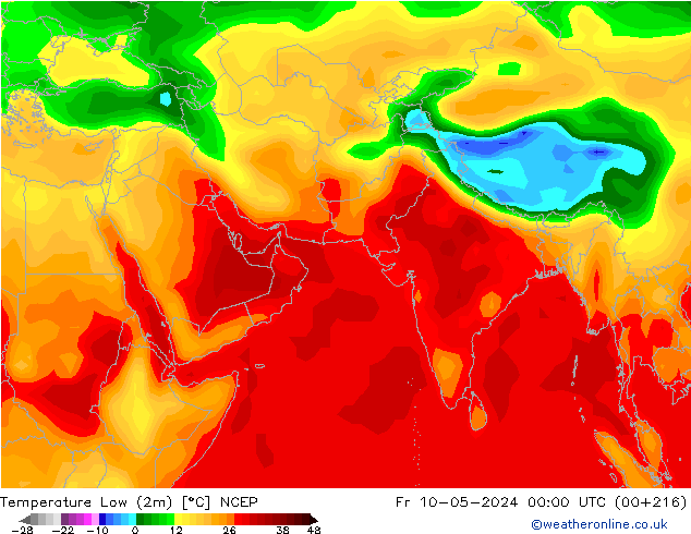 Min.temperatuur (2m) NCEP vr 10.05.2024 00 UTC