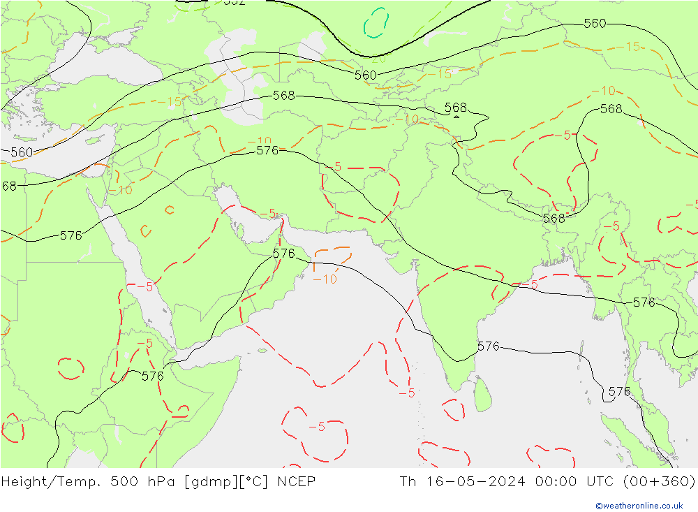 Height/Temp. 500 hPa NCEP Čt 16.05.2024 00 UTC