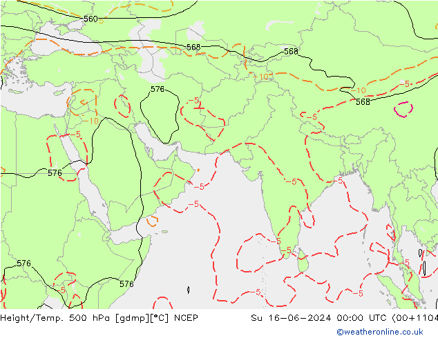 Hoogte/Temp. 500 hPa NCEP zo 16.06.2024 00 UTC