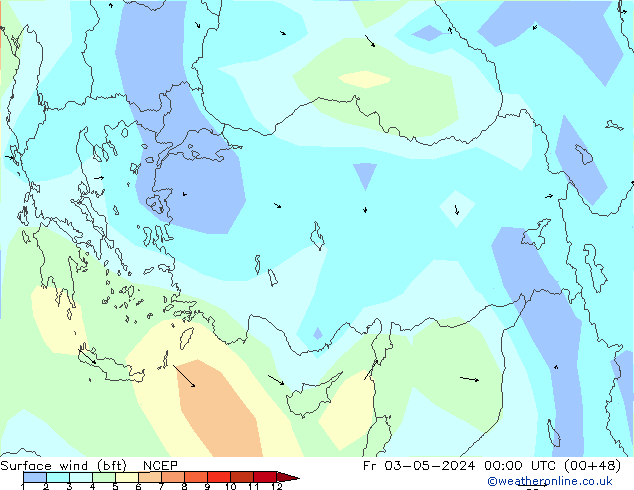 wiatr 10 m (bft) NCEP pt. 03.05.2024 00 UTC