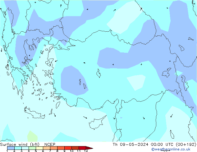 Surface wind (bft) NCEP Čt 09.05.2024 00 UTC