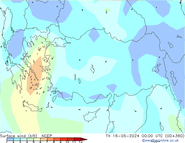 Surface wind (bft) NCEP Th 16.05.2024 00 UTC