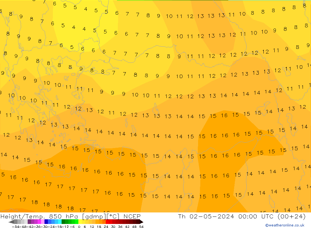 Yükseklik/Sıc. 850 hPa NCEP Per 02.05.2024 00 UTC