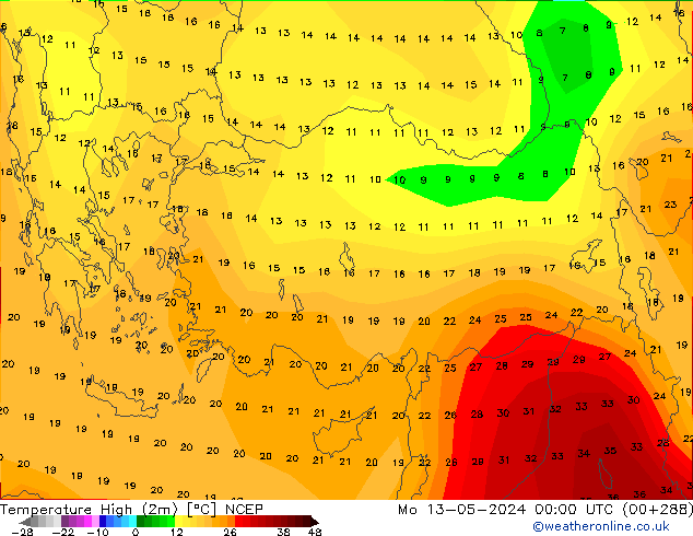 Nejvyšší teplota (2m) NCEP Po 13.05.2024 00 UTC