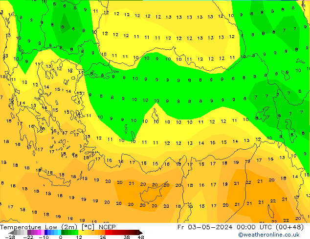 Min. Temperatura (2m) NCEP pt. 03.05.2024 00 UTC