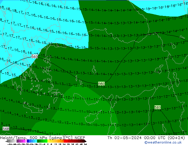 Height/Temp. 500 hPa NCEP Čt 02.05.2024 00 UTC