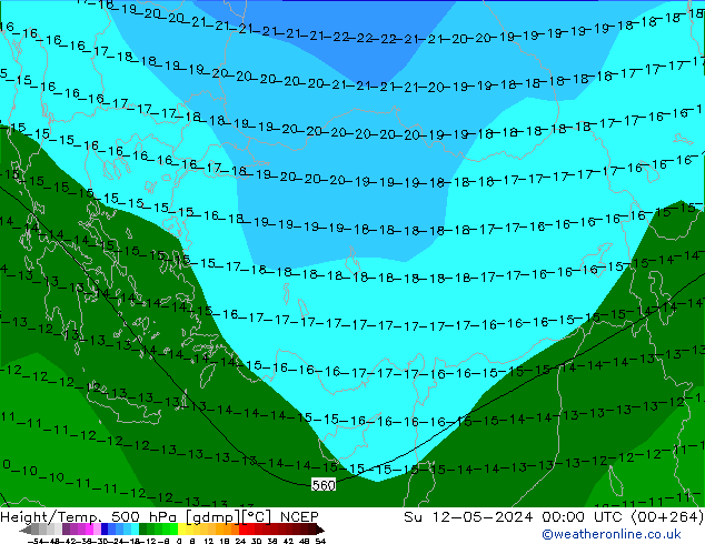 Geop./Temp. 500 hPa NCEP dom 12.05.2024 00 UTC