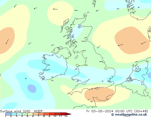 Surface wind (bft) NCEP Fr 03.05.2024 00 UTC