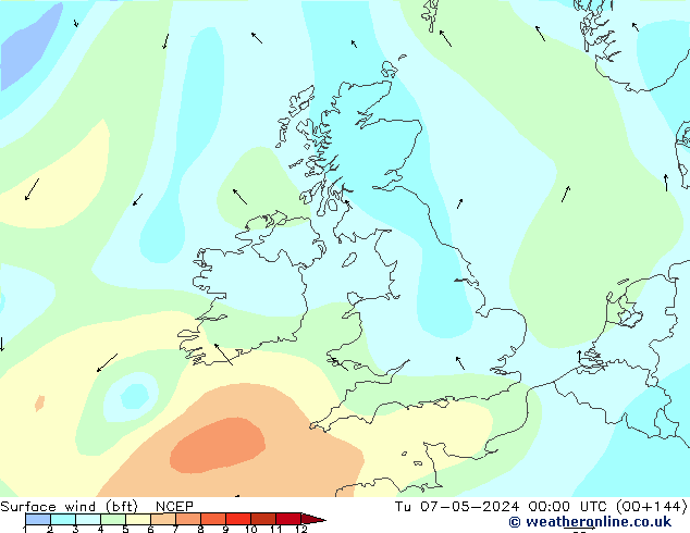 Surface wind (bft) NCEP Tu 07.05.2024 00 UTC