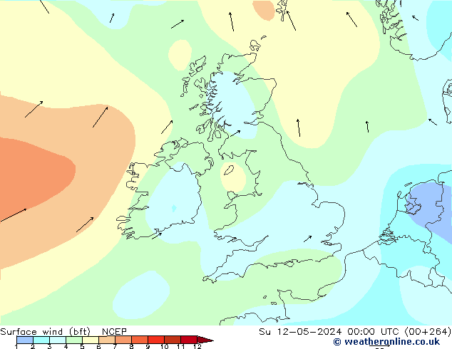 wiatr 10 m (bft) NCEP nie. 12.05.2024 00 UTC