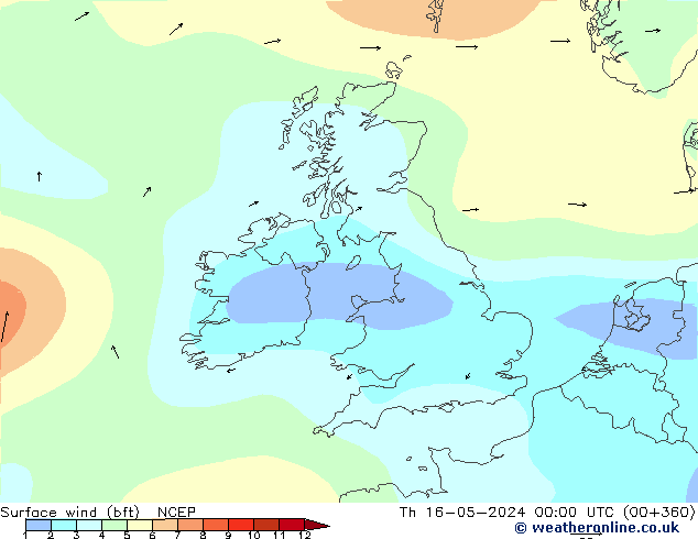 Rüzgar 10 m (bft) NCEP Per 16.05.2024 00 UTC