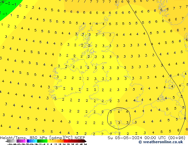 Geop./Temp. 850 hPa NCEP dom 05.05.2024 00 UTC