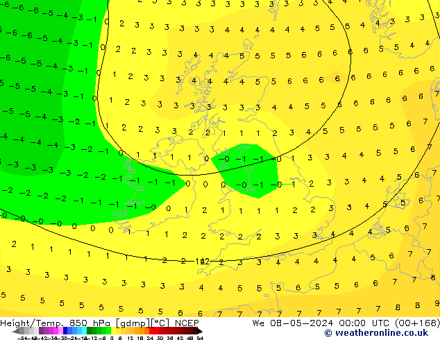 Hoogte/Temp. 850 hPa NCEP wo 08.05.2024 00 UTC