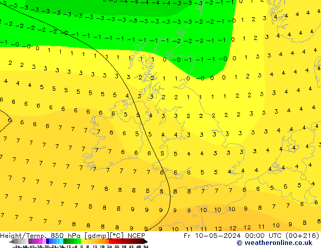 Height/Temp. 850 hPa NCEP Pá 10.05.2024 00 UTC