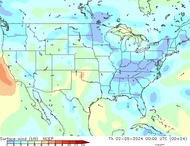 Surface wind (bft) NCEP Th 02.05.2024 00 UTC