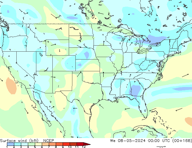 Viento 10 m (bft) NCEP mié 08.05.2024 00 UTC