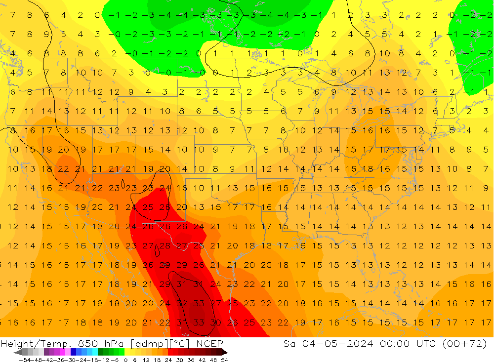 Hoogte/Temp. 850 hPa NCEP za 04.05.2024 00 UTC