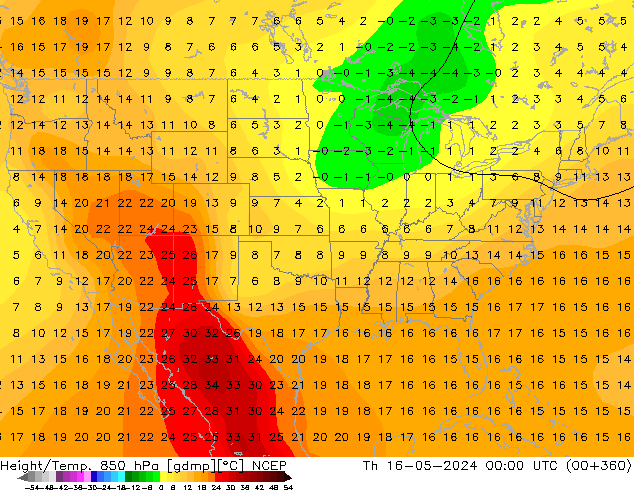 Height/Temp. 850 hPa NCEP czw. 16.05.2024 00 UTC