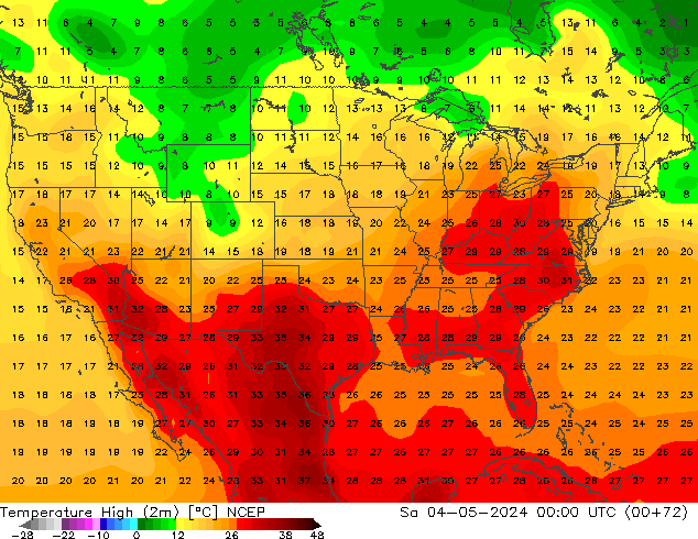 Temp. massima (2m) NCEP sab 04.05.2024 00 UTC