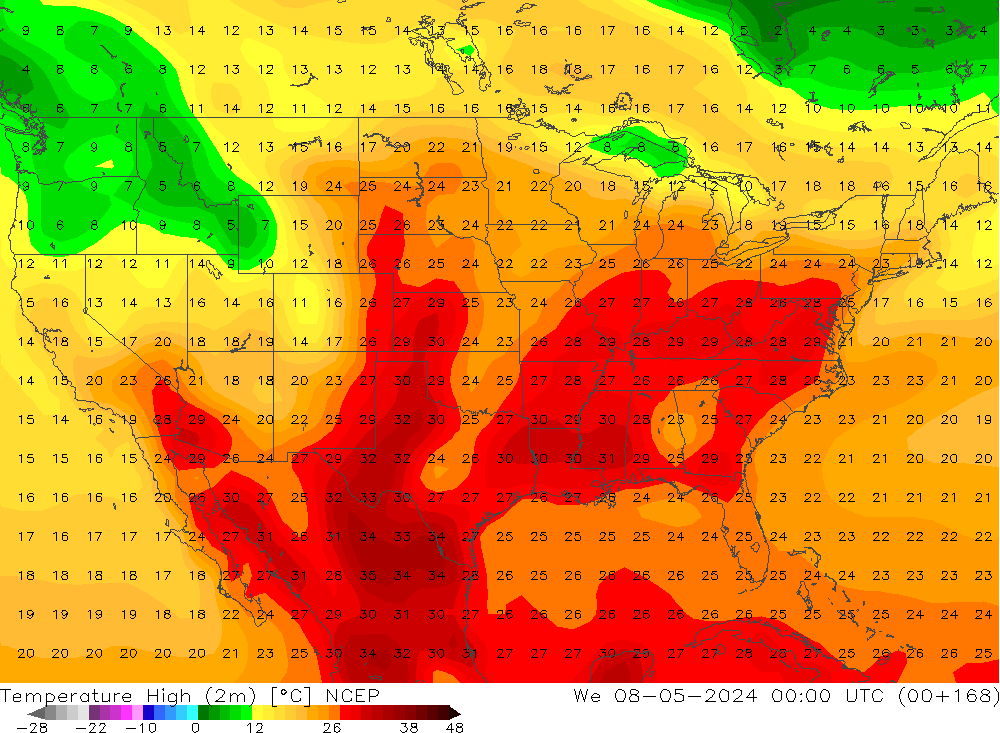 Max. Temperatura (2m) NCEP śro. 08.05.2024 00 UTC