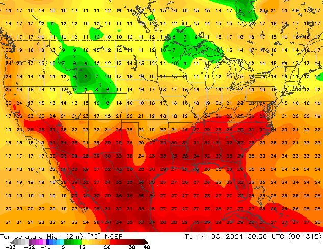 Max. Temperatura (2m) NCEP wto. 14.05.2024 00 UTC