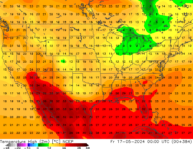 Nejvyšší teplota (2m) NCEP Pá 17.05.2024 00 UTC