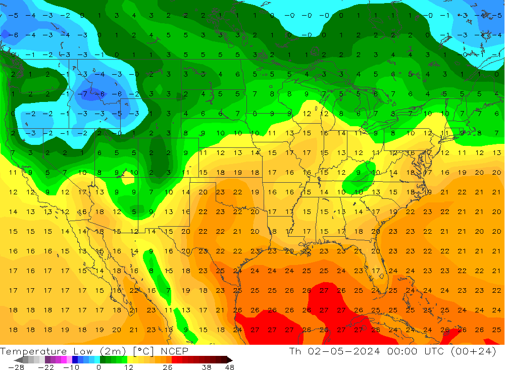 Nejnižší teplota (2m) NCEP Čt 02.05.2024 00 UTC