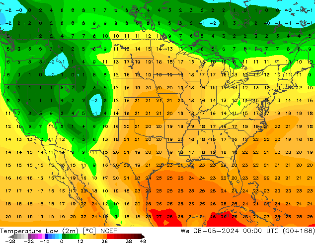 Temp. minima (2m) NCEP mer 08.05.2024 00 UTC