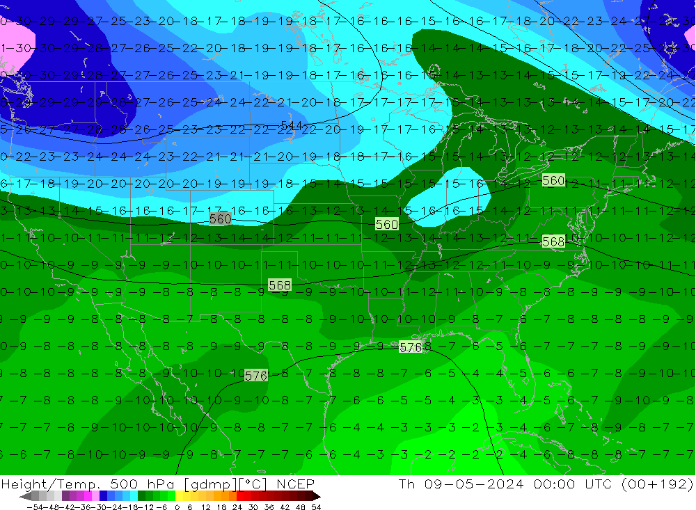 Height/Temp. 500 hPa NCEP gio 09.05.2024 00 UTC