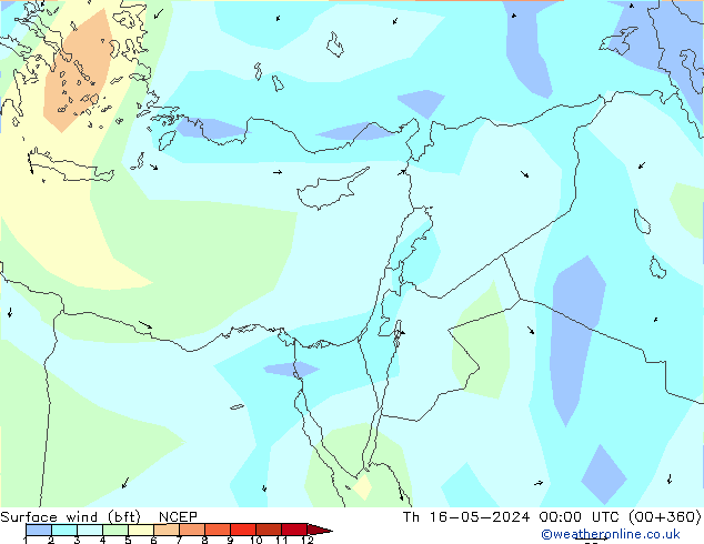 Surface wind (bft) NCEP Th 16.05.2024 00 UTC