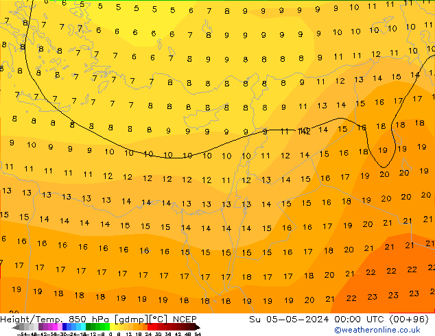 Height/Temp. 850 hPa NCEP Dom 05.05.2024 00 UTC