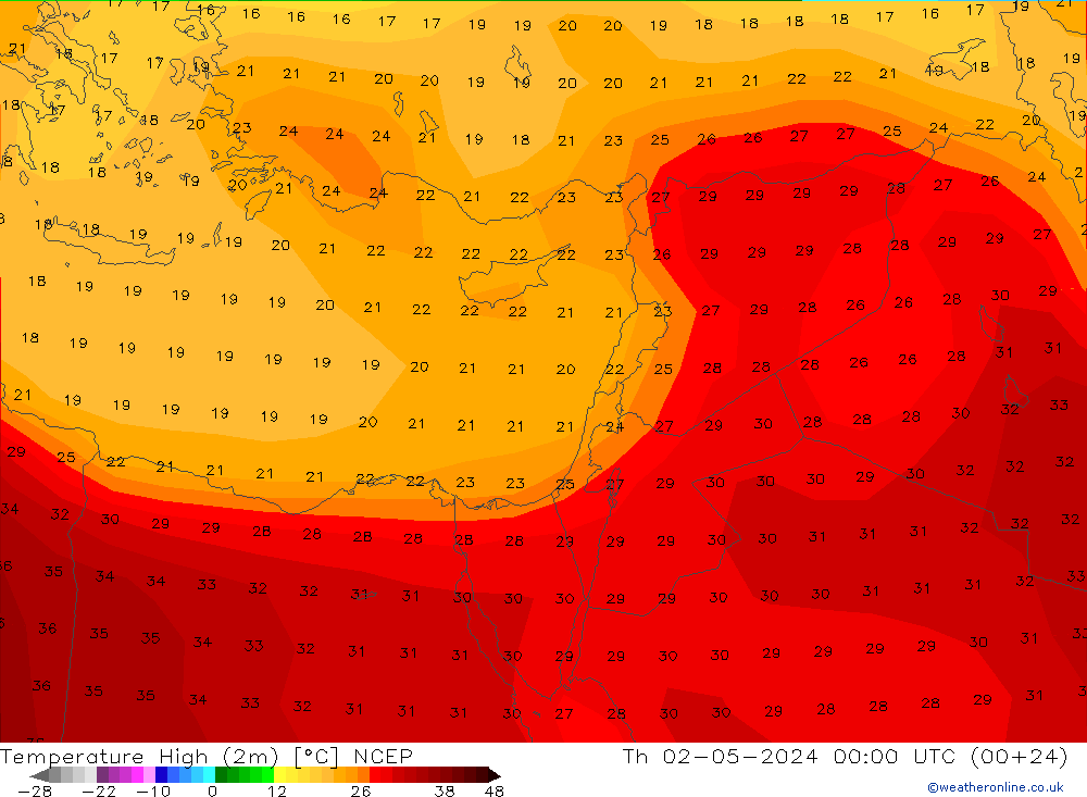 temperatura máx. (2m) NCEP Qui 02.05.2024 00 UTC